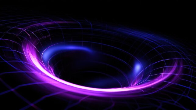 A glowing purple neon vortex warps space-time fabric against a dark background. This abstract illustration represents gravity wells or futuristic deep space science concepts.