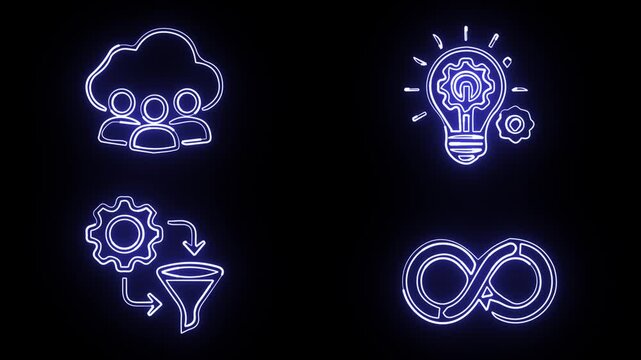 Neon icon set 4K loop animation on black background. Cloud collaboration network, innovation lab bulb gear, lean process data funnel and continuous integration infinity loop.