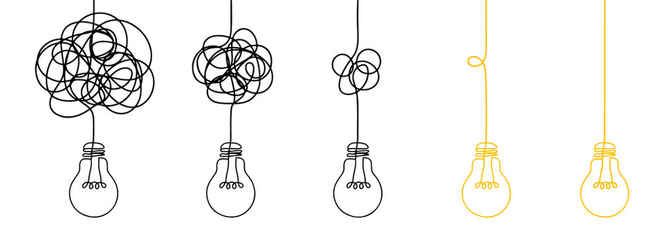Progression from tangled lines to clear light bulbs symbolizing idea development and clarity