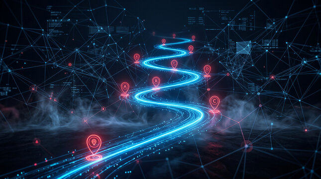 Digital network graph with glowing blue path and red location pins, symbolizing data flow and connectivity, representing technology and progress