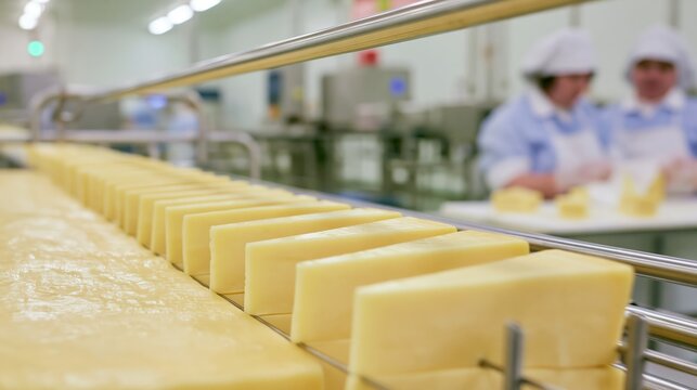 Cheese wire cutting frame portioning a block in sharp focus and blurred packaging workers behind. Concept of dairy packaging production.