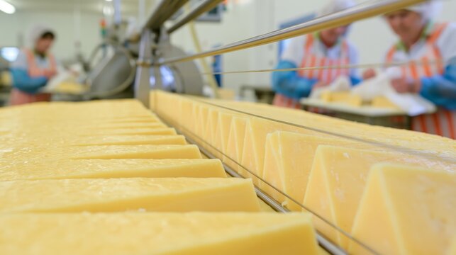 Cheese wire cutting frame portioning a block in sharp focus and blurred packaging workers behind. Concept of dairy packaging production.