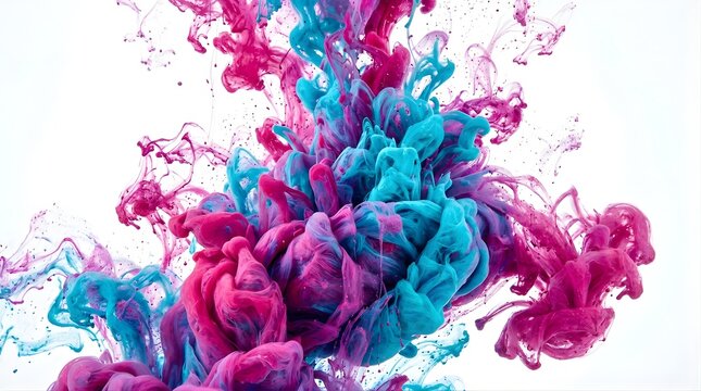 Blue and pink liquid ink swirling in water against a white background