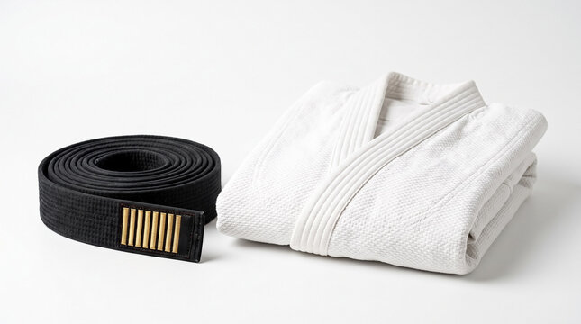Judo belt and uniform with black ranking strap folded beside white gi jacket. Judo belt represents martial arts discipline with black dan ranking, while gi jacket signifies training attire.