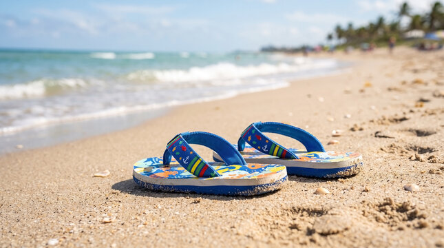 Colorful kids flip flops on sandy beach with gentle waves lapping in the background. Kids flip flops provide comfort and style for summer adventures, ideal for beach outings and sunny playdates.