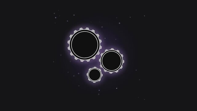 Animated gears rotating in a dark abstract background with subtle glowing effects and particles.