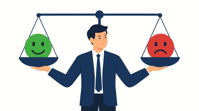 Businessman balancing scales with happy green smiley face and sad red frowny face, emotional intelligence, positivity vs negativity, mental balance, decision making concept vector illustration