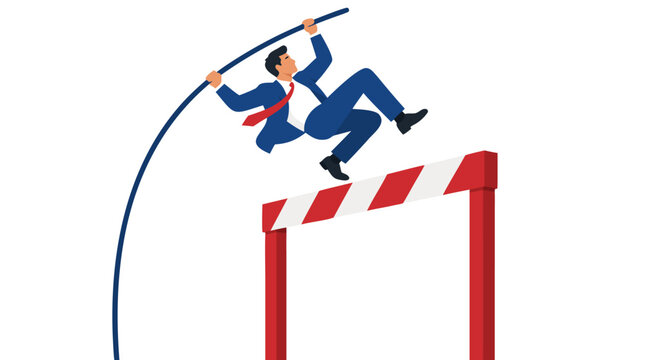 Businessman pole vaulting over red striped barrier on white background flat vector illustration of overcoming obstacles and success concept