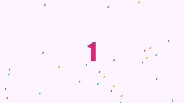 Animated countdown sequence featuring bold pink numbers and colorful confetti falling in a dynamic motion video for creative event intros