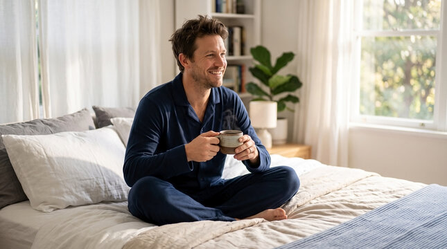 Man reading book in pajamas with coffee on cozy bed in bright room. Relaxing morning scene shows man enjoying comfort in pajamas while sipping beverage.