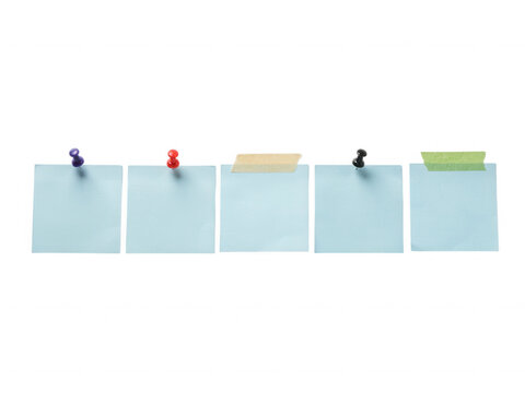 Five light blue square sticky notes attached with colorful push pins and tape isolated on transparent background set