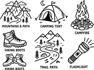 Fototapeta premium Camping icons set, outdoor adventure line doodles, hiking gear, tent, campfire, mountains, trail path, boots, flashlight, vector outline