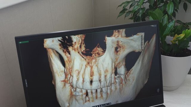 Rotating 3D Dental CBCT Scan on Screen Showing Missing Teeth for Implant Planning. Dental