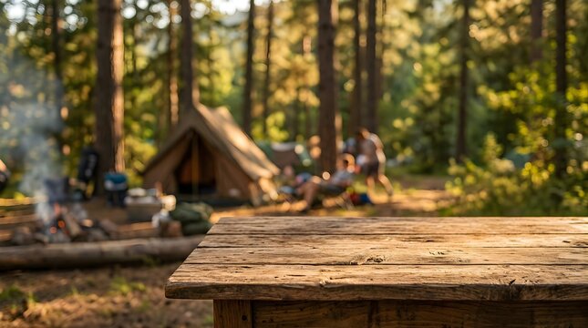 Empty wooden table in a blurred forest campground with tent and fire