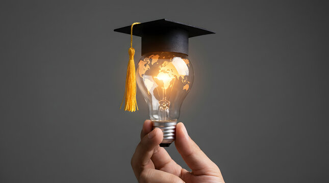 Hand holding a glowing light bulb with a graduation cap for celebrating teacher's day and academic success