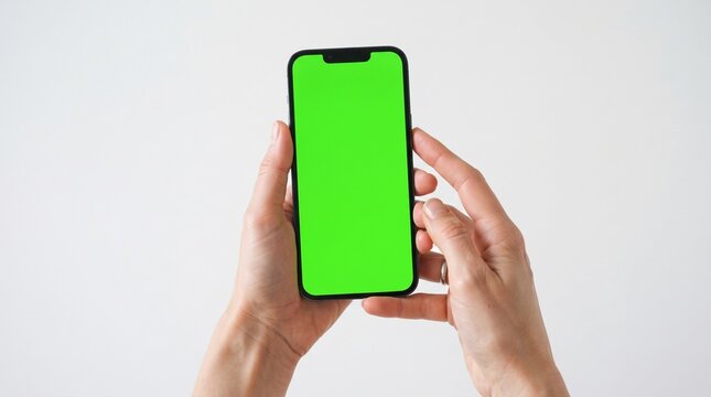 Person holding a smartphone with a bright green screen for chroma keying and editing
