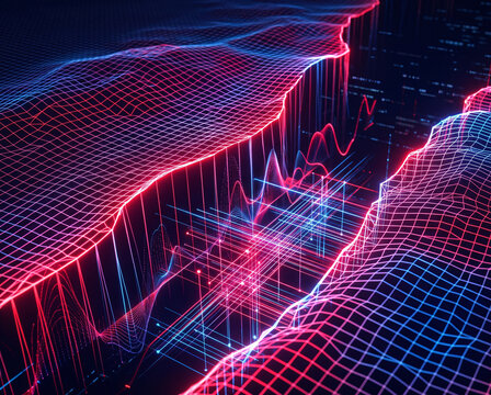 HDR photography of a deep digital fault line with glowing red and blue mathematical waves crossing a wireframe grid