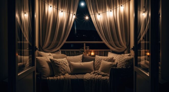 Cozy Balcony Oasis Under Moonlit Sky With Ambient String Lights