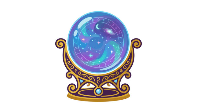 Magic crystal ball with an ornate golden stand reveals a swirling galaxy of blues and purples, symbolizing fortune-telling and mystical predictions.