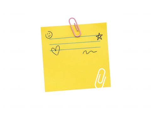 Yellow sticky note with hand drawn doodles and pink paperclip isolated on transparent background for creative tasks