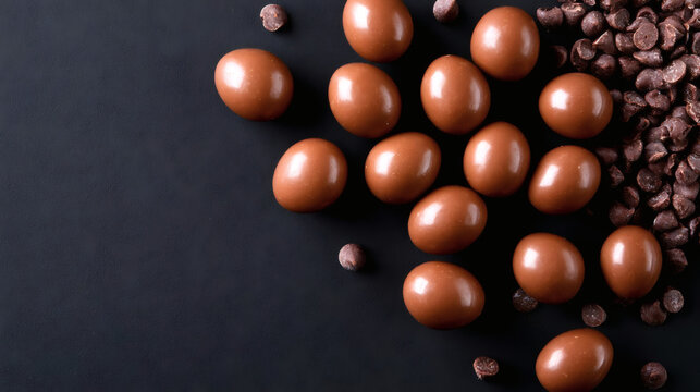 Assorted milk chocolate eggs and chocolate chips on black background. Sweet treats for Easter, desserts, or festive occasions. Top view, copy space.