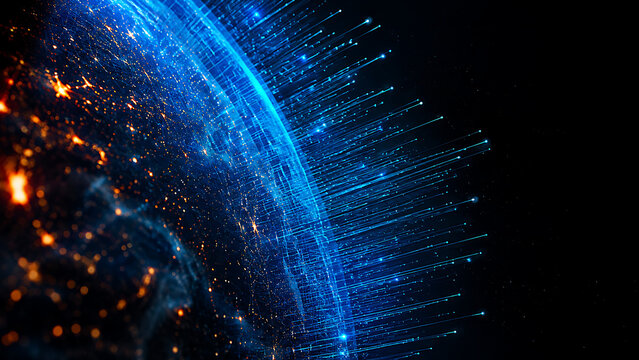 Abstract blue technology globe with radiant fiber optic lines and warm orange particles representing worldwide data transmission digital infrastructure and internet connectivity concept