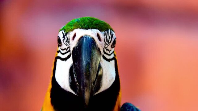 Extreme close-up footage of a blue and yellow macaw showing intricate feather patterns, eye detail and powerful beak in natural light.