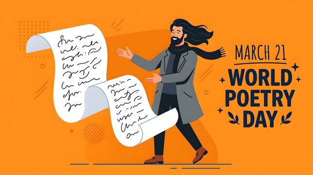 A stylish poet walking and holding a long scroll of handwritten verses celebrating world poetry day on march 21