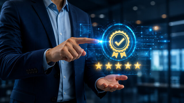 Businessman touching glowing quality certification badge with five star rating representing excellence assurance customer satisfaction trust and premium service standards