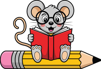 Little mouse reading a book on a pencil vector illustration.