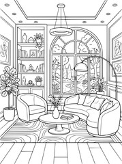 Fototapeta premium modern living room interior with arched window coloring page for adults