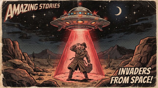 Vintage sci-fi poster, retro alien UFO abduction in desert, Amazing Stories Invaders from Space comic art, mid-century pulp fiction illustration