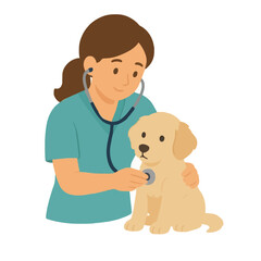 Female veterinarian vector icon examining a golden retriever puppy with stethoscope during routine wellness checkup illustration