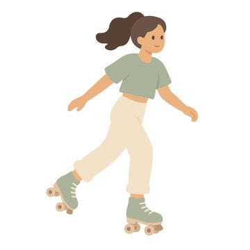 Hand-drawn vector illustration of a cheerful young woman roller skating in casual sage green top and cream trousers through an urban plaza setting, flat design icon style
