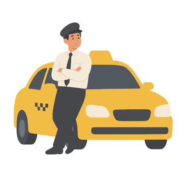 Hand-drawn vector icon illustration of a cheerful taxi driver in uniform with cap and tie, standing with crossed arms beside his bright yellow cab, ready to serve passengers