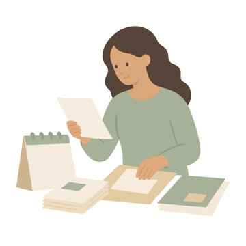 Hand-traced vector illustration of a smiling woman organizing papers and documents beside a desk calendar, soft earthy palette, flat design office planning scene
