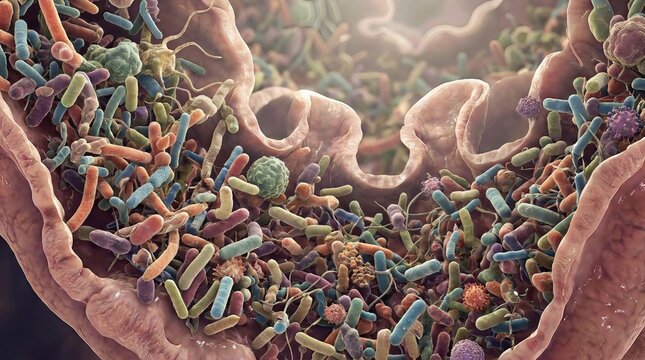 Microorganism community, diverse bacterial flora thriving within intestinal tract, cellular microbe supporting healthy human digestive system, internal biology visualization, medical science research.