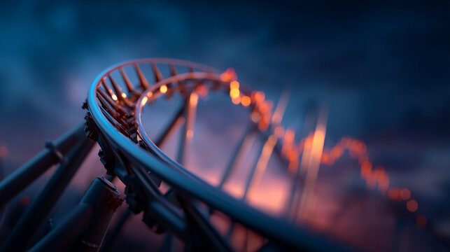 Abstract steel roller coaster track at night with orange light streaks, vacation