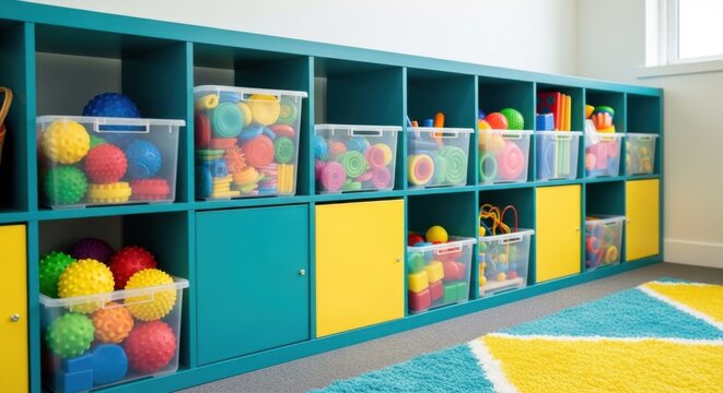 Organized Childrens Playroom Storage Solutions Full Of Colorful Toys