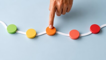 Obraz premium Close-up of a human hand pressing an orange circular marker along a curved white track with multicolored round wooden discs representing steps, progress, and decision-making