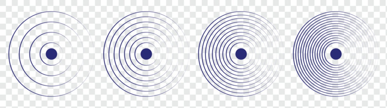 Black concentric circle set. Sonar or sound wave ring collection. Dotted and linear epicentre, target, radar icon concept. Ripple radial signal or vibration elements. Vector line and halftone symbols.