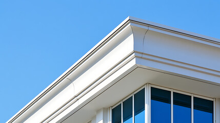 Fototapeta premium Modern Building Exterior with Architectural Details and Reflective Glass Windows Against a Clear Blue Sky on a Sunny Day