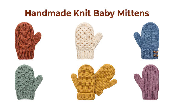 Handmade knit baby mittens collection set showcasing yarn and crocheted infant gloves isolated on transparent background