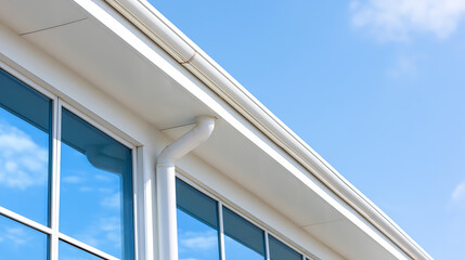 Fototapeta premium Modern Building Exterior with White Gutter System and Reflective Windows against a Bright Blue Sky with Sparse Clouds on a Sunny Day