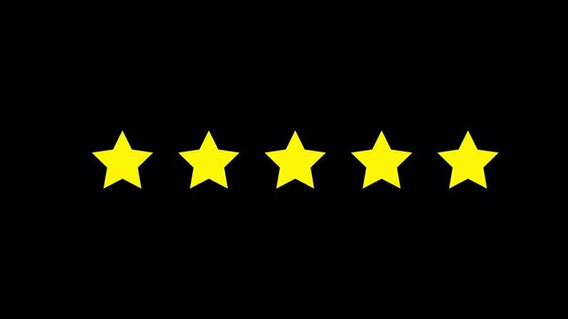 Glowing Five star rating icon animated video isolated on alpha channel background. Animated of 5 stars.