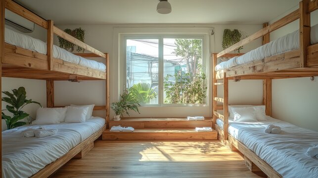 A bright hostel room with two wooden bunk beds and a central window with greenery