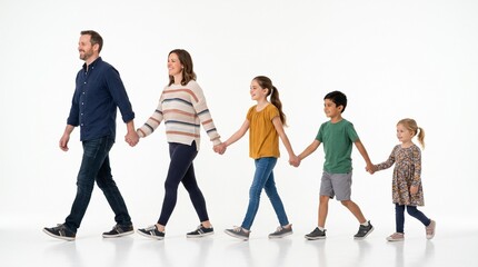Obraz premium Diverse family of five walking hand in hand across a white background