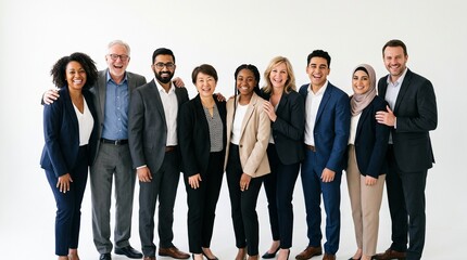 Obraz premium Diverse group of smiling professionals in business attire standing together against a white background
