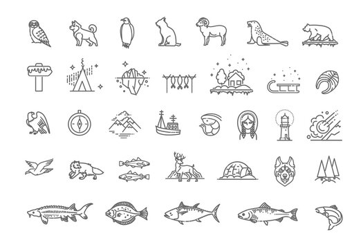 Outline Arctic icons set,  North Pole icons