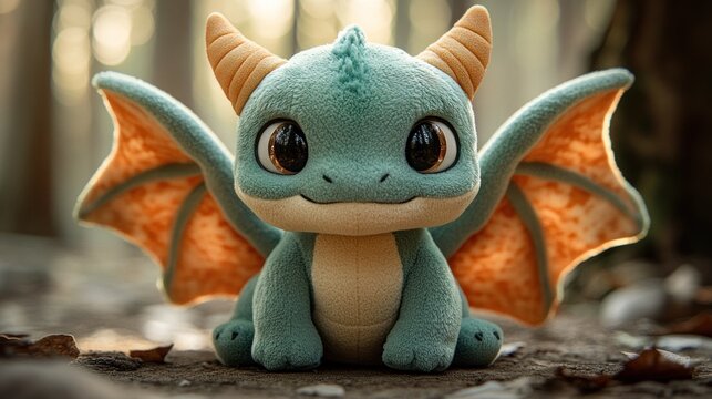 A cute, teal plush dragon with orange wings sits on a forest path in soft light